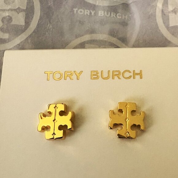 Tory Burch Gold Stud Earrings with the "secret' North-South symbol NWOT - Picture 2 of 8